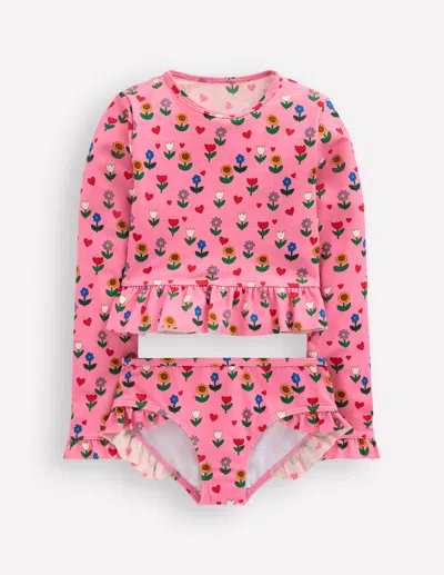 Boden Kids' Hem Frill Rash Vest Set Almond Pink Sunflower Garden  In Multi