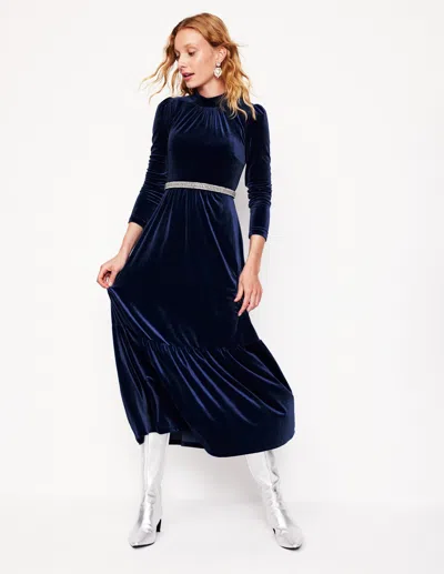Boden High Neck Tiered Velvet Dressnight Blue Women  In Night Blue