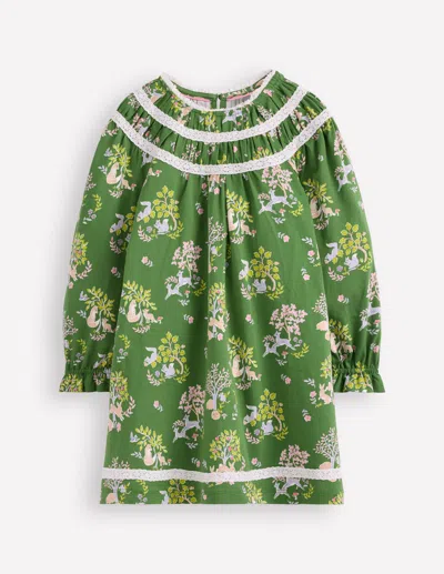 Boden Kids' Hübsches Jerseykleid Mit Spitzenbesatz-grün Wald Blumenmuster In Green