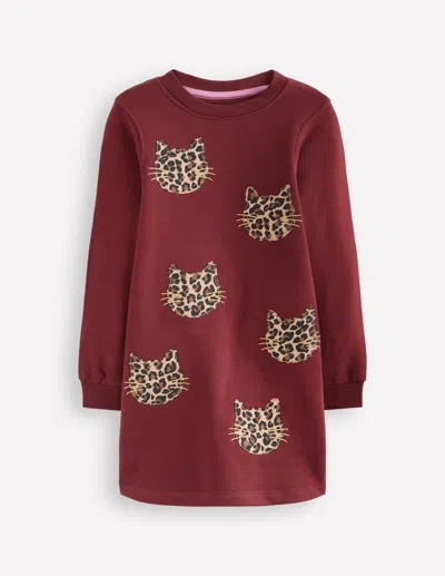 Boden Kids' Ida Sweatshirt Appliqué Dress Chestnut Cat Faces  In Red