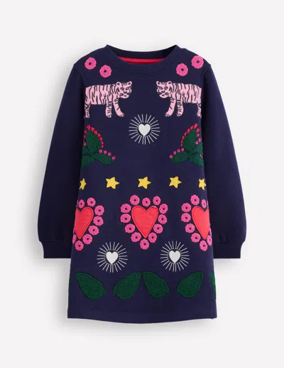 Boden Kids' Ida Sweatshirt Appliqué Dress College Navy Tigers  In Blue