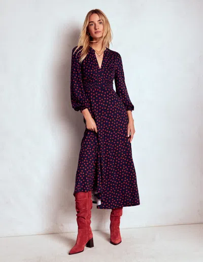 Boden Ivy Smocked Midi Dress-french Navy, Painted Dot Female  In Blue