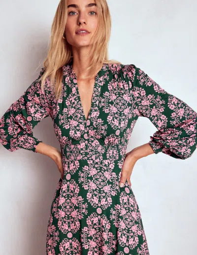 Boden Ivy Smocked Midi Dress Green, Ornamental Lattice  In Black