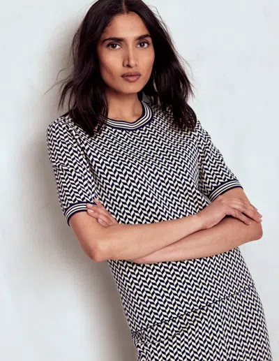 Boden Jacquard Knitted T Shirt Navy/ Ivory Dogtooth  In Gray