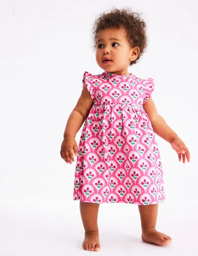 Boden Kids' Jersey Frill Sleeve Dresspink Rose Woodblock Floral Girls  In Pink