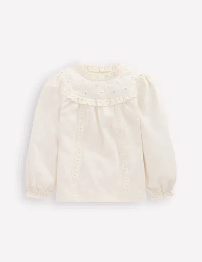 Boden Kids' Jersey Heart Broderie Top Soft Ivory  In White