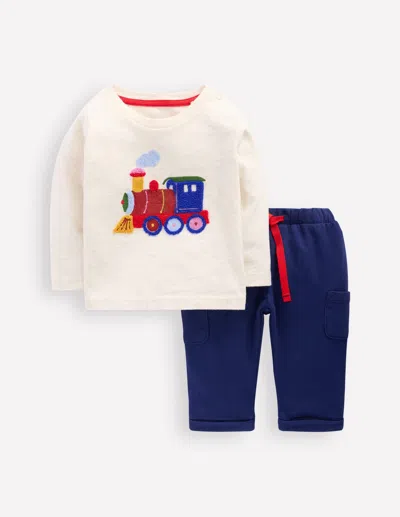 Boden Babies' Jersey Overalls Play Set Oatmeal Marl Train  In Blue