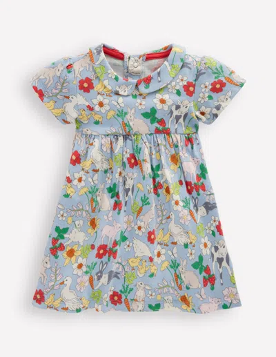 Boden Babies' Jersey Peter Pan Collar Dressmisty Blue Spring Meadow Girls  In Multi