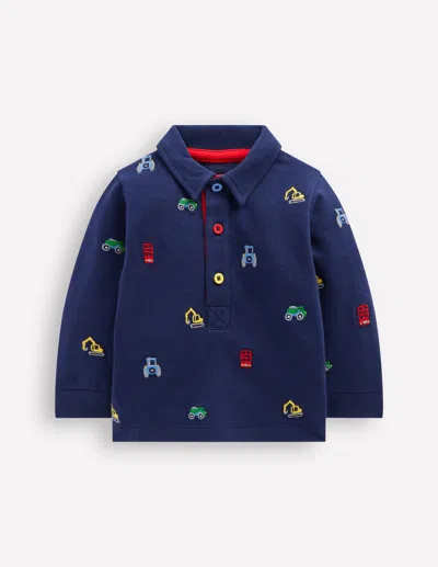 Boden Babies' Jersey Sweat Rugby Shirt Blue Transport Embroidery Boys