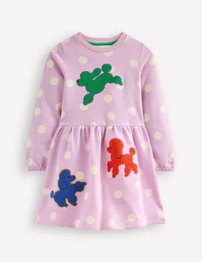 Boden Kids' Joan Boucle Appliqué Dresssugared Lilac Spot Dogs Girls  In Pink
