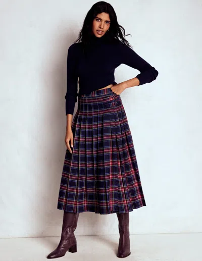 Boden Josephine Wool Kilt Skirt Navy, Green And Red Check  In Blue