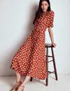 Boden Kate Puff Sleeve Belted Dress Brown, Painted Dot Women  In Brown