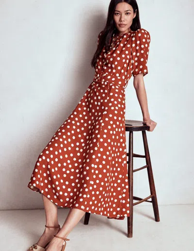 Boden Kate Puff Sleeve Belted Dress Brown, Painted Dot Women