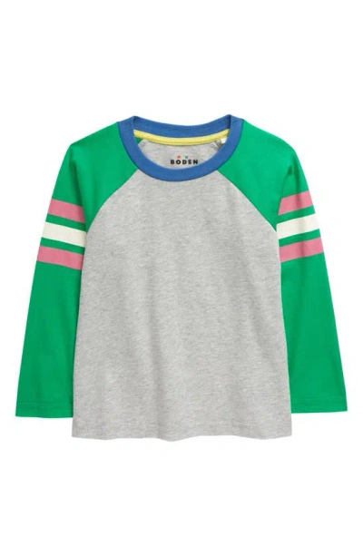 Boden Kids' Colourblock Long Sleeve Cotton T-shirt In Grey Marl/ Sapling Green