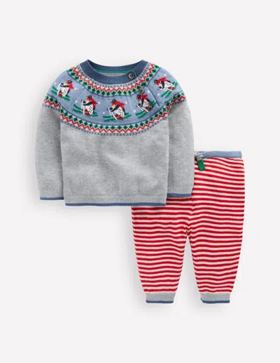 Boden Babies' Knitted Play Set Grey Marl Skiing Penguins  In Brown