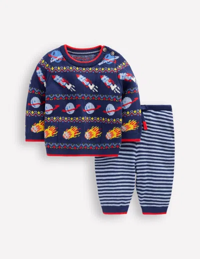 Boden Babies' Knitted Play Set Navy Space Fair Isle Boys  In Blue