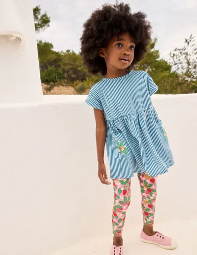 Boden Kids' Kurzärmelige, Gewebte Tunika-drillich Blau Stickerei In Brown