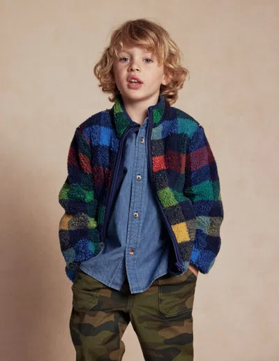 Boden Kids' Kuschelige Teddyfell-jacke-navy Kariert In Blue