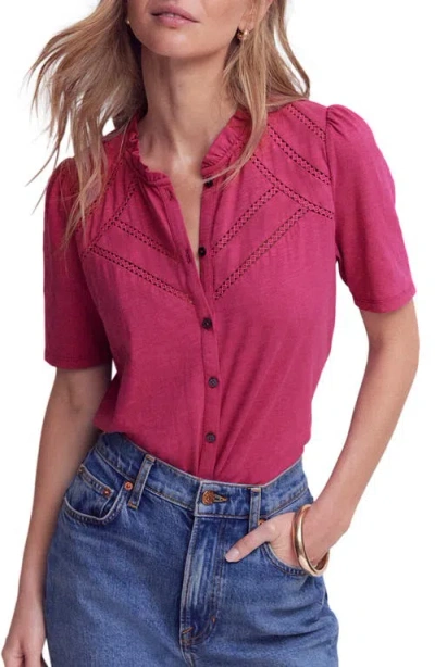Boden Lace Trim Short Sleeve Cotton Button-up Shirt In Pink