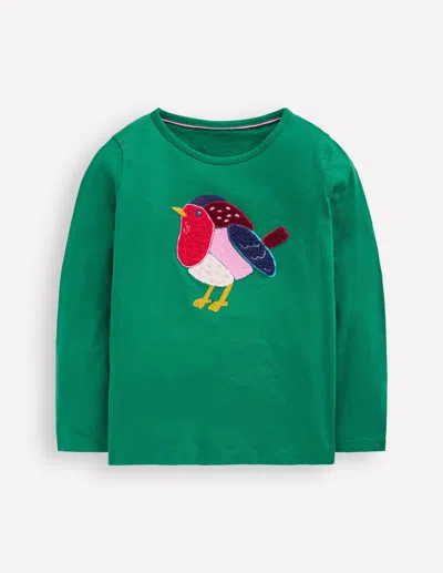 Boden Kids' Langarmshirt Aus Bouclé-piniengrün, Rotkehlchen In Green
