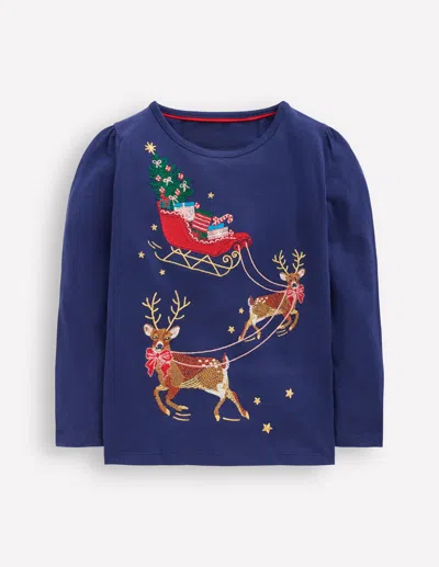 Boden Kids' Langarmshirt Mit Superstich-design-segelblau, Festliches Muster In Blue