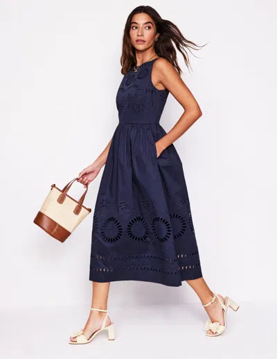 Boden Lauren Broderie Midi Dress-navy Female  In Blue