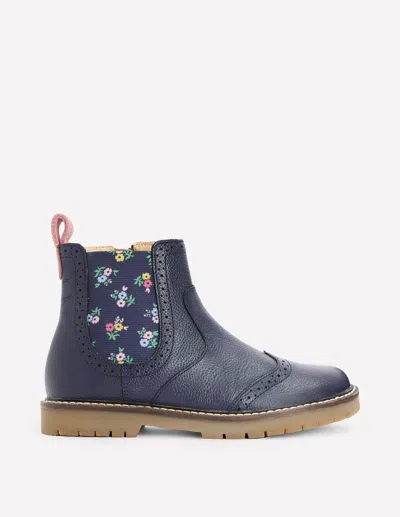 Boden Kids' Leather Chelsea Boots College Navy Floral  In Blue