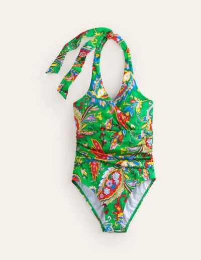 Boden Levanzo Ruched Halter Swimsuit Kelly Green, Paisley Azure Women