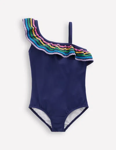 Boden Kids' Lila One Shoulder Swimsuitcollege Navy Ric Rac Girls  In Blue