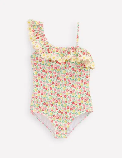 Boden Kids' Lila One Shoulder Swimsuitmulti Summer Flowerbed Girls  In Multi