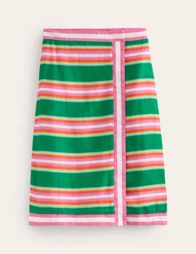 Boden Linen Border Wrap Skirt Green And Pink Stripe Women
