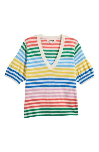 Boden Liv Stripe V-neck Linen Sweater In Blue Multi