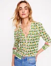Boden Liv Strickjacke Aus Leinen Mit V-ausschnitt-warmes Naturweiss, Dahliengarten In Multi