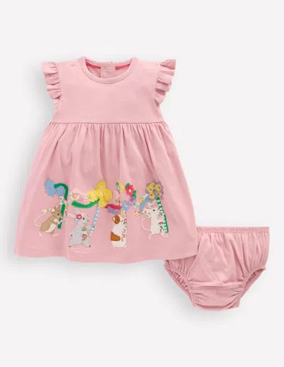 Boden Babies' Logo Jersey Frill Sleeve Dresszephyr May Day Animals Girls  In Pink