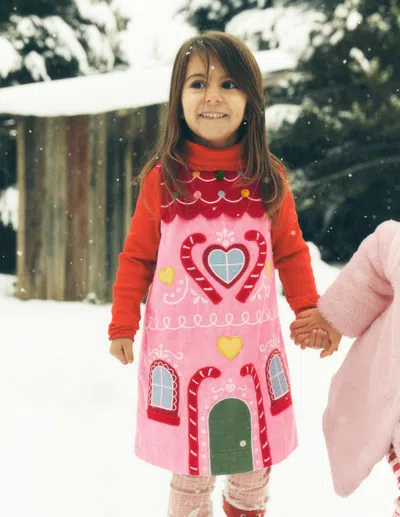 Boden Kids' Logo Pinafore Dress Formica Pink Gingerbread House  In Multi