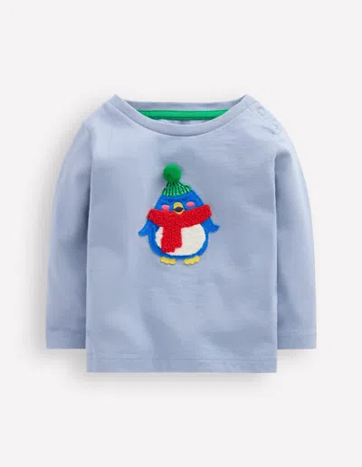 Boden Babies' Long Sleeve Appliqué T Shirt Light Blue Penguin
