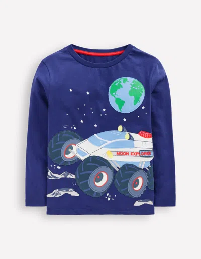 Boden Kids' Long Sleeve Appliqué T Shirt Twilight Blue Moon Explorer