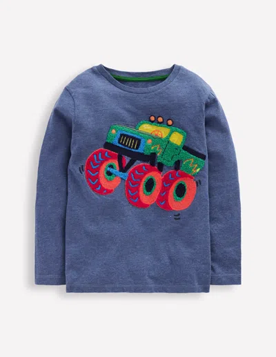 Boden Kids' Long Sleeve Bouclé T Shirt Denim Marl Monster Truck  In Blue