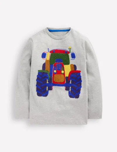 Boden Kids' Langarmshirt Aus Bouclé-grau Meliert, Traktor In Gray