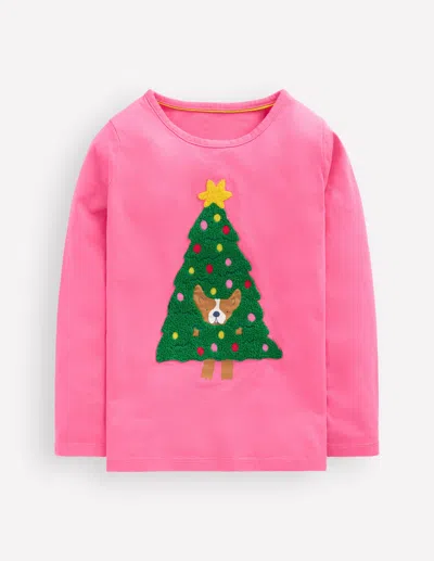 Boden Kids' Long Sleeve Bouclé T Shirt Pink Christmas Tree Dog
