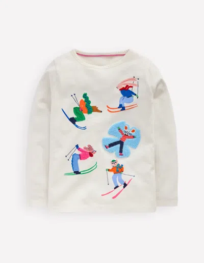 Boden Kids' Long Sleeve Bouclé T Shirt Soft Ivory Skiers  In White