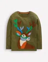 Boden Long Sleeve Bouclé T Shirt Winter Moss Deer  In Green