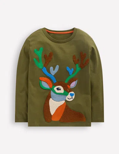 Boden Kids' Long Sleeve Bouclé T Shirt Winter Moss Deer  In Green