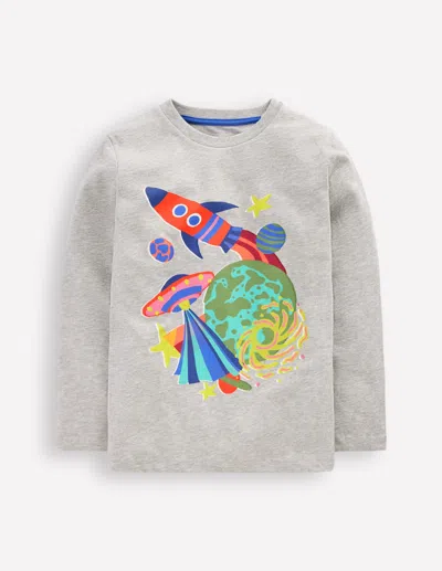 Boden Kids' Long Sleeve Printed T Shirt Grey Marl Space  In Gray