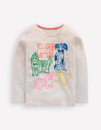 Boden Kids' Long Sleeve Riso T Shirt Oatmeal Marl Dogs  In Neutral