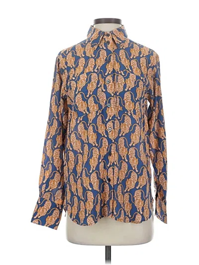 Pre-owned Boden Long Sleeve Silk Top Blue Paisley Pattern Mock Neckline Tops