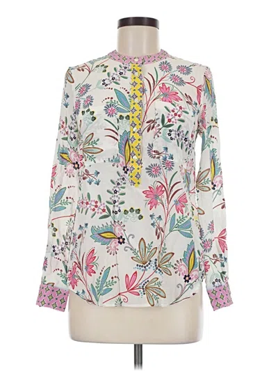 Pre-owned Boden Long Sleeve Silk Top Ivory Print Pattern Tie Neck Tops