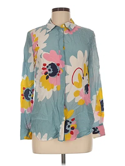 Pre-owned Boden Long Sleeve Silk Top Teal Floral Pattern Mock Neckline Tops