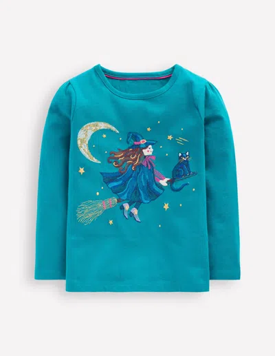 Boden Kids' Langarmshirt Mit Superstich-design-tiefseegrün Hexe In Blue