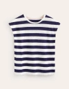 BODEN Louisa Crew Neck Linen T-shirt Navy, Ivory Stripe Women Boden